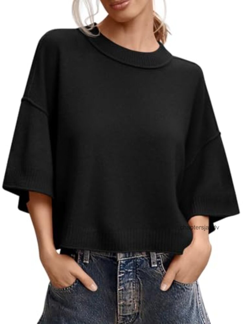 Womens Short Sleeve Sweater Oversized Cropped Knit Top